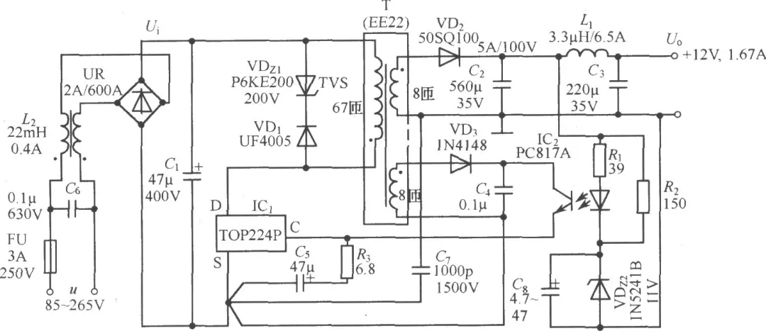 TOP224P構成的12V、20W開關直流穩(wěn)壓電源電路